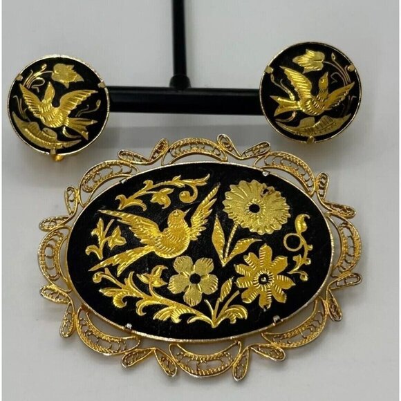 Damascene Jewelry - Damascene Brooch w/ Earrings Birds & Flowers Trombone Clasp Art Deco to MCM Era
